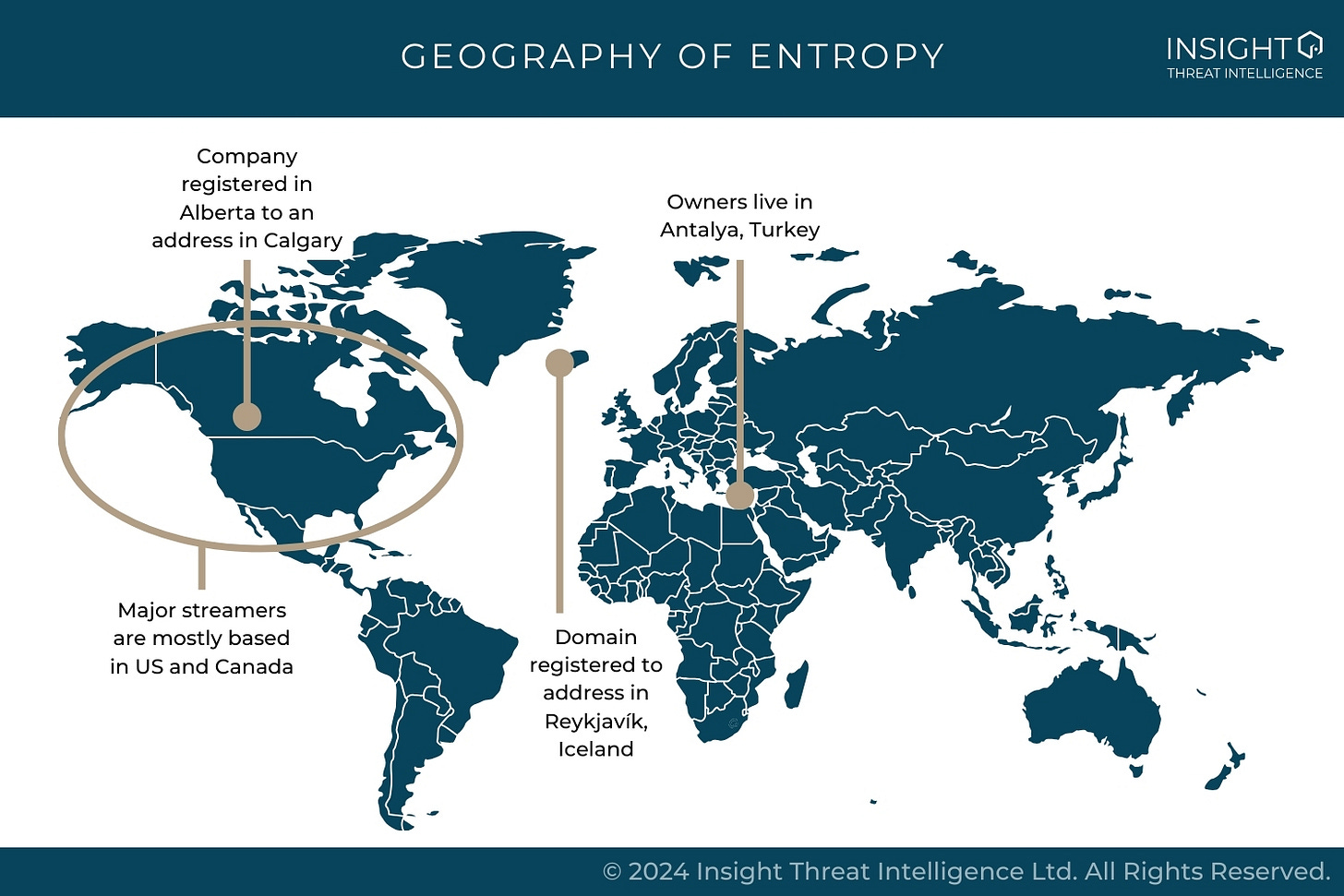 “Geography of Entropy.” World map. “Company registered in Alberta to an address in Calgary”, “Major streamers are mostly based in US and Canada”, “Domain registered to address in Reykjavík, Iceland”, “Owners live in Antalya, Turkey” “Geography of Entropy.” World map. “Company registered in Alberta to an address in Calgary”, “Major streamers are mostly based in US and Canada”, “Domain registered to address in Reykjavík, Iceland”, “Owners live in Antalya, Turkey”
