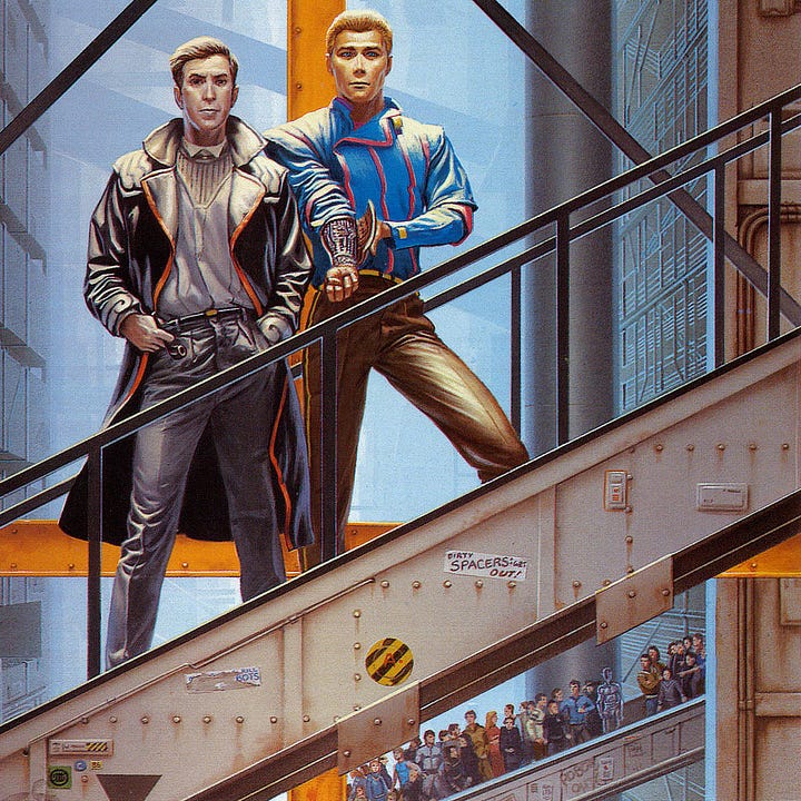 LEFT: Detail of Baley and Daneel facing the audience while riding up an escalator in a vast industrial space. Daneel presents his arm with a hatch open to expose the machinery beneath. RIGHT: