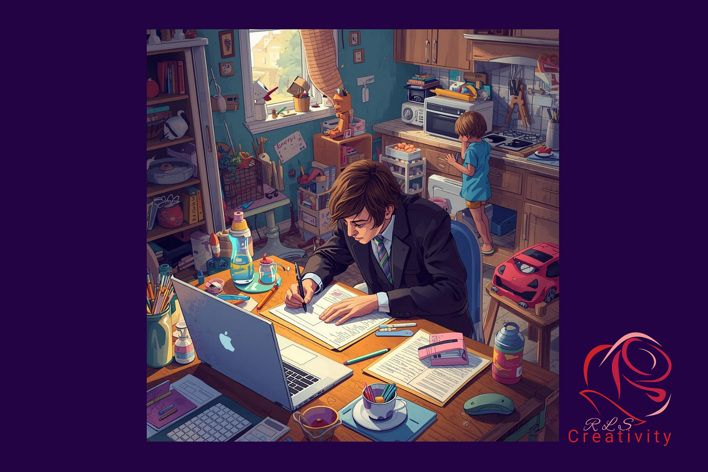 Man with suit and tie sitting at a table in the kitchen with a notebook and Mac Notebook, surrounded by clutter, a child in the background, and a baby bottle sitting beside him.