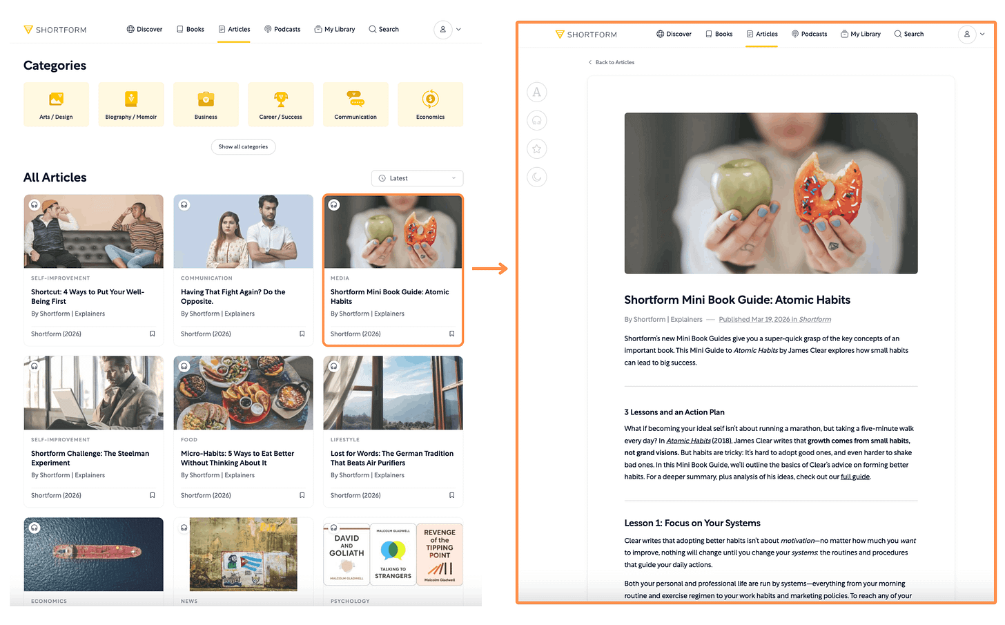 Shortform's Articles (desktop view + light mode)