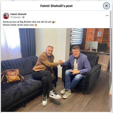 13 janar 2025: Fatmir Sheholli dhe Milaim Zeka së bashku në një lokal — shënimi: “Zarf i Zi si korbi… Në BBVIK të ardhshëm është mirë të jetë garues si banor.” 17 janar 2025: foto me shtrëngim duarsh — shënimi: “Sonte po hyn në Big Brother dhe nuk del 24 orë! Milaimi është vërtet show man.” 18 janar 2025: foto e ekranit nga Big Brother VIP Kosova ku Zeka shihet në gjumë — shënimi: “U knaqë Milaimi tu flejt.”