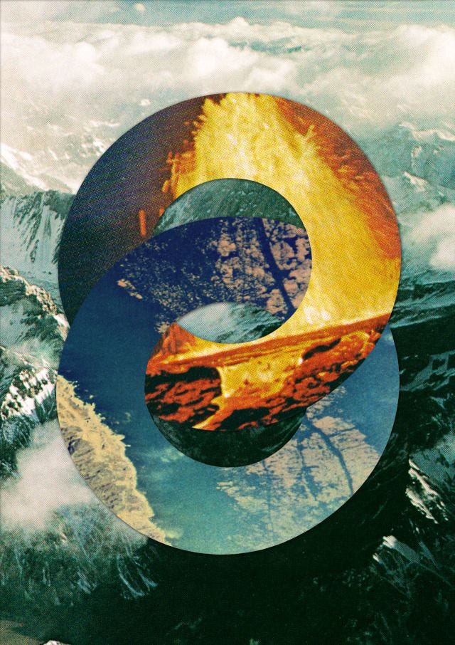Abstract collage showing a large circular spiral shape layered over photographs of mountains, clouds, ocean waves, and fiery textures, blending cool blues and greens with warm yellows and reds.