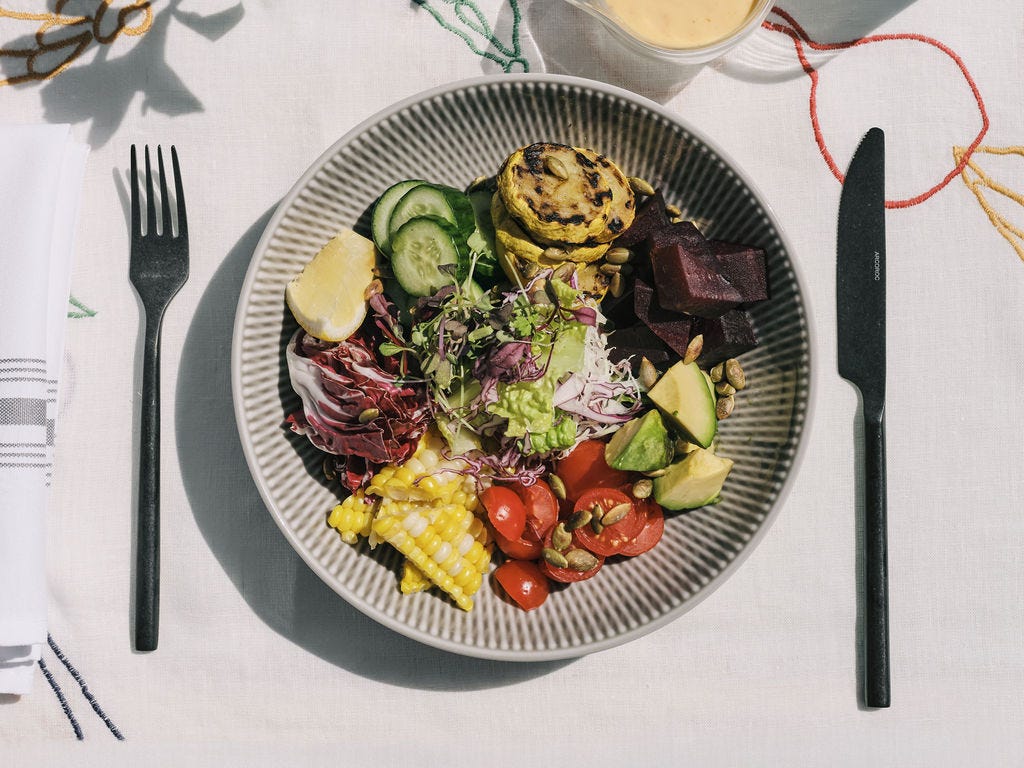 A plate of summer produce. 