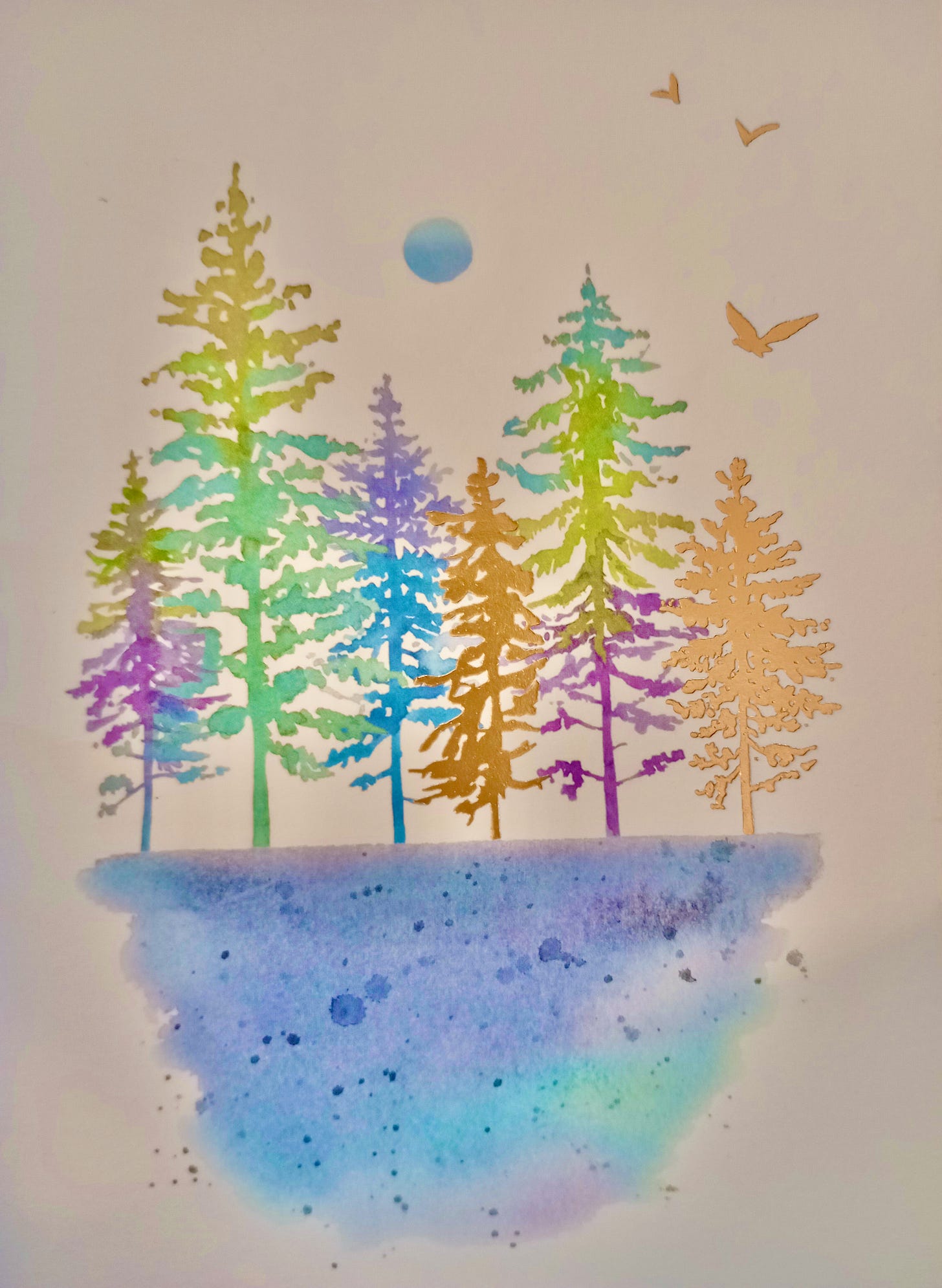 the front of a greeting card with a grove of trees in purple green yellow and gold against a beige background