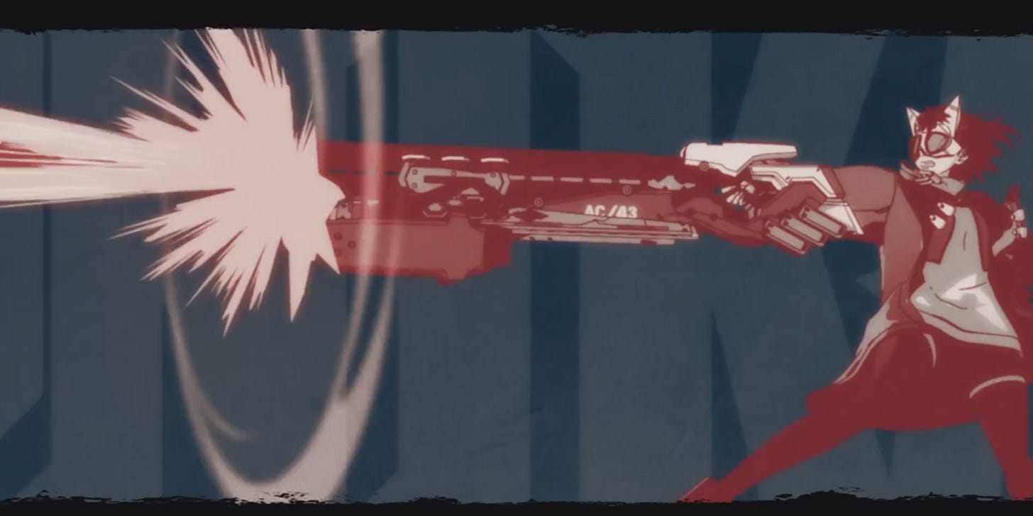 Unika standing on the far right of a shot while firing her giant gun with one hand. She's tinted red against a deep blue background.