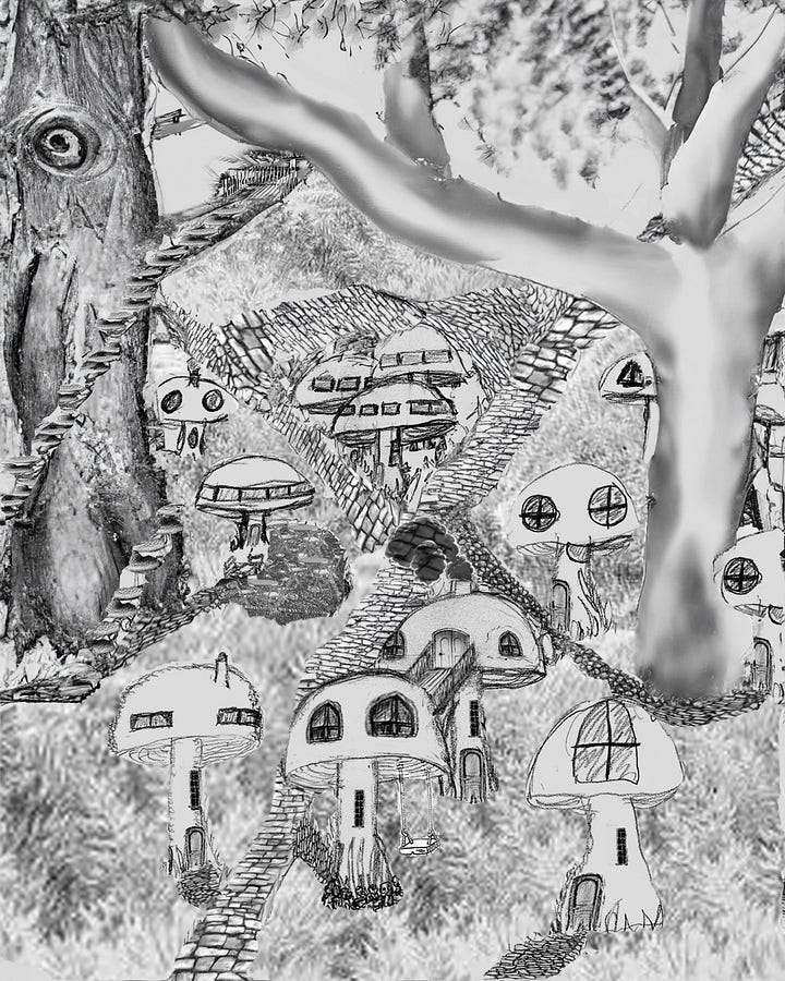 A mushroom village located in a forest.