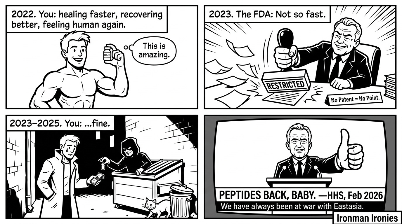 Black and white comic strip "Ironman Ironies" — FDA peptide restriction and reversal, dry humor Substack header Black and white comic strip "Ironman Ironies" — FDA peptide restriction and reversal, dry humor Substack header