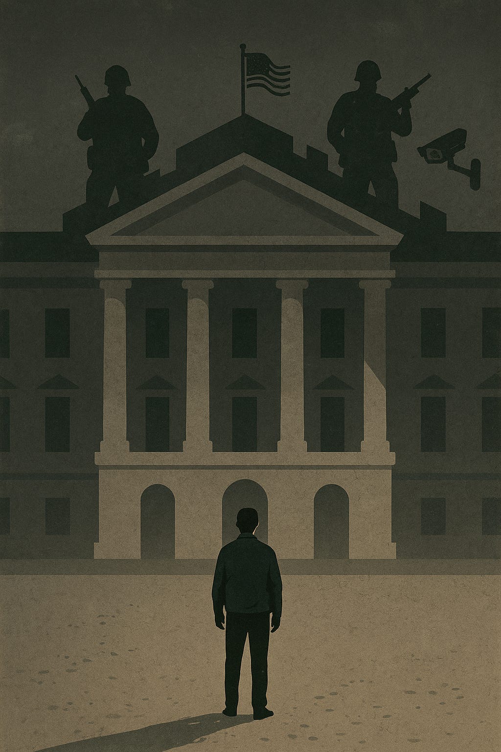 A muted, editorial-style digital illustration shows a solitary figure standing before a looming government building cloaked in shadow. Overhead, silhouettes of armed personnel and surveillance equipment peer from the dark upper windows, suggesting an atmosphere of unchecked authority and civic imbalance. The scene evokes themes of executive drift, institutional breakdown, and citizen vulnerability.