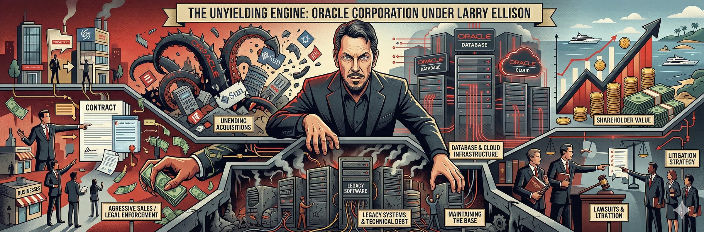 Gemini: Please make a banner image that illustrates the reality of the Oracle corporation run by Larry Ellison.
