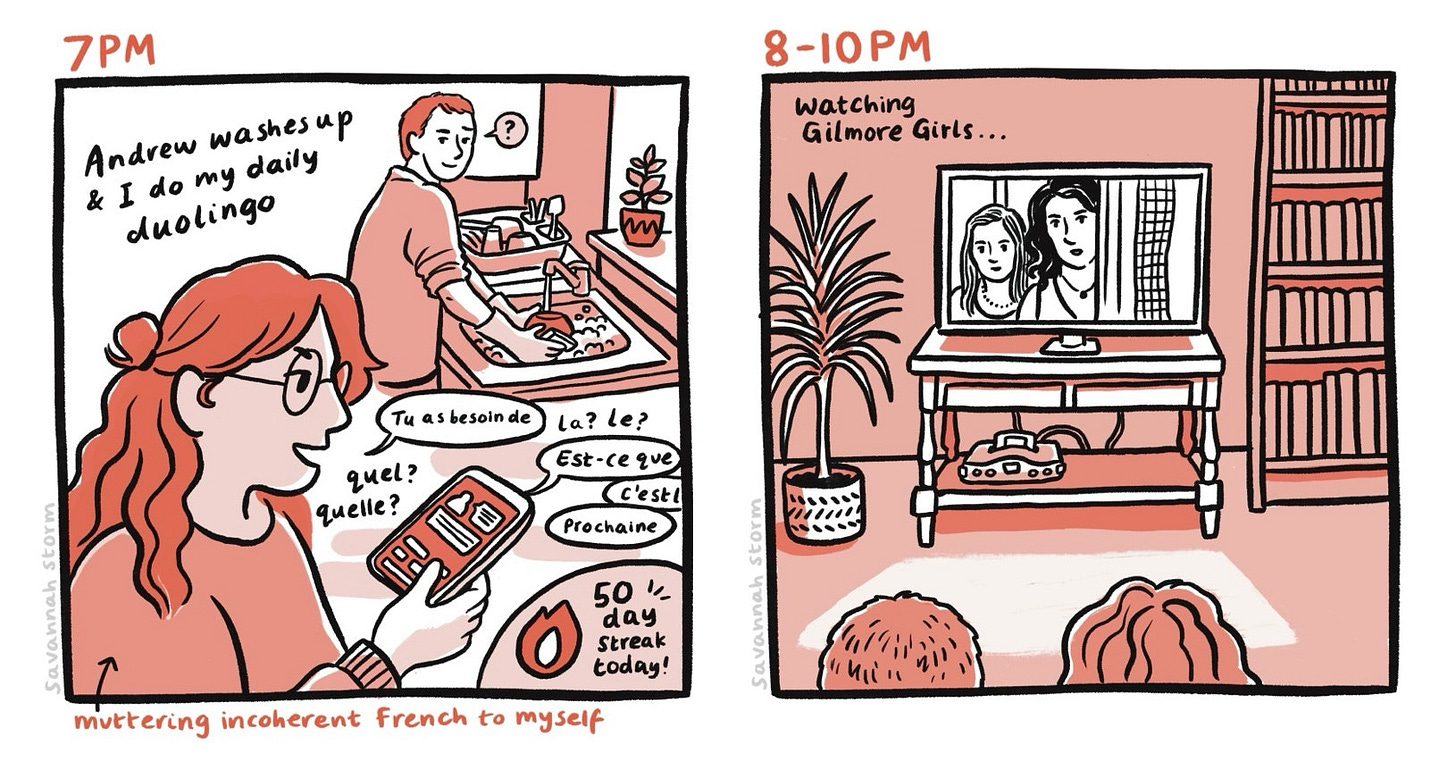 Illustrated comic panel from Hourly Comics Day 2024, at 7pm I was practicing speaking French on Duolingo whilst my partner washed the dishes, and at 8-10pm I was watching Gilmore Girls on the TV.