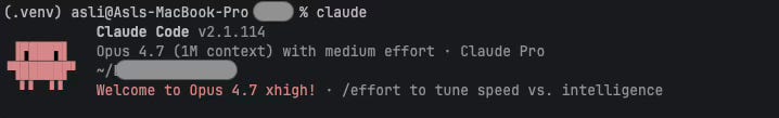 claude command starting session with Opus 4.7 model
