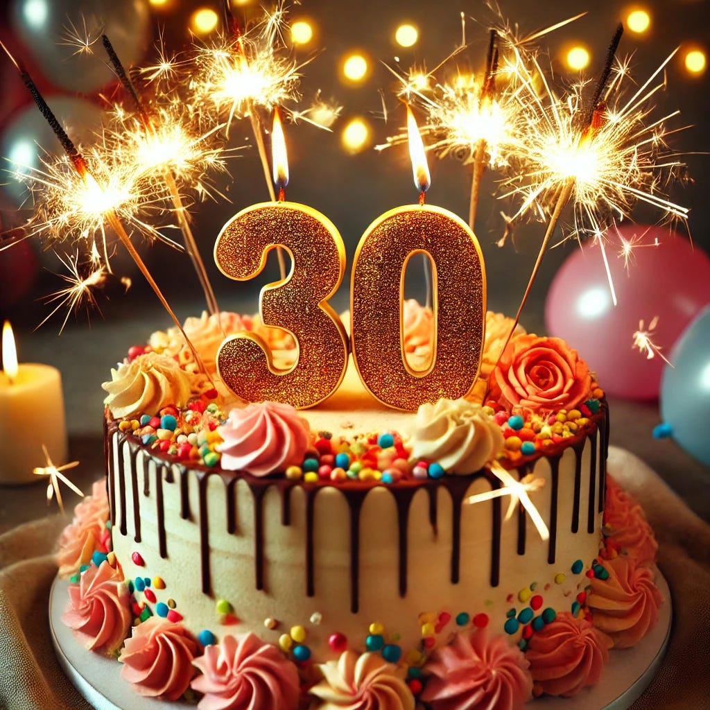 A beautifully decorated birthday cake with the number '30' on top, surrounded by lit sparklers. The cake has multiple layers with colorful frosting, sprinkles, and decorative elements. The sparklers are sparkling brightly, casting a warm glow. The background is slightly blurred with a festive atmosphere, including balloons and confetti.