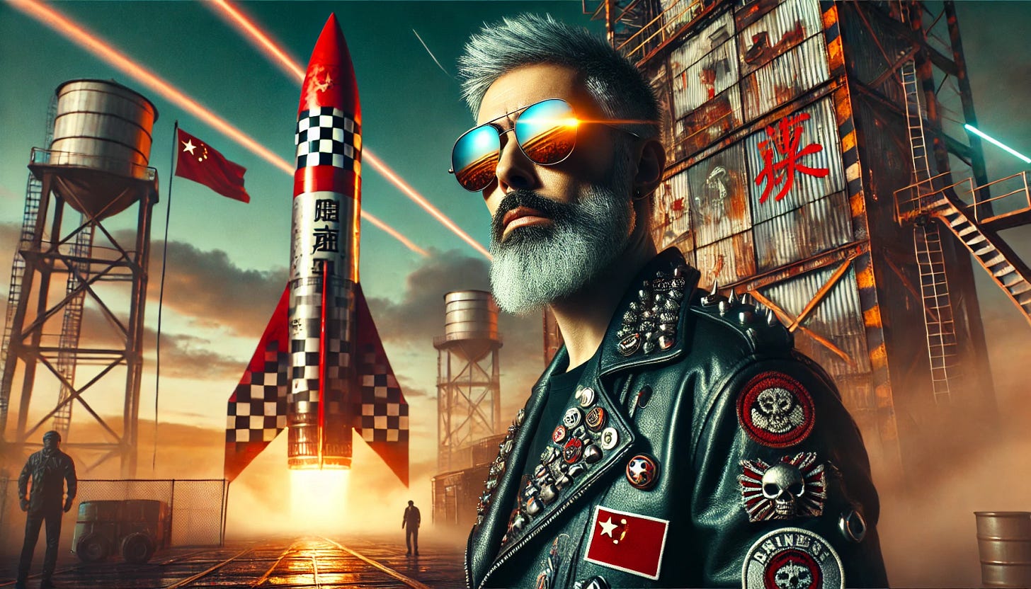 A futuristic and edgy scene featuring a middle-aged man with a neatly trimmed beard, wearing reflective aviator sunglasses and punk-inspired attire, such as a leather jacket adorned with metal studs and patches. He stands in awe of a massive missile-like Chinese rocket with a sleek, pointed design, featuring bold red and white colors, intricate details, and Chinese characters. The setting is a gritty, high-tech launch facility with graffiti-covered metallic structures and a dramatic sky with streaks of neon light cutting through the clouds. The atmosphere is bold, rebellious, and cinematic, combining punk rock aesthetics with advanced technology.