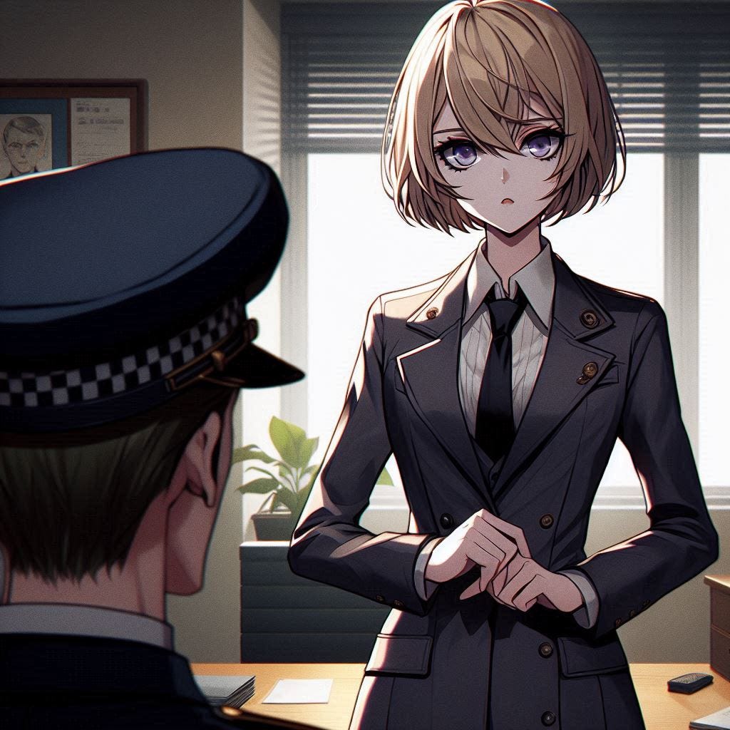 A young skinny woman with short blonde hair wearing a suit looking bold standing in the a police captains office standing there and talking to the captain. Anime art style dark.