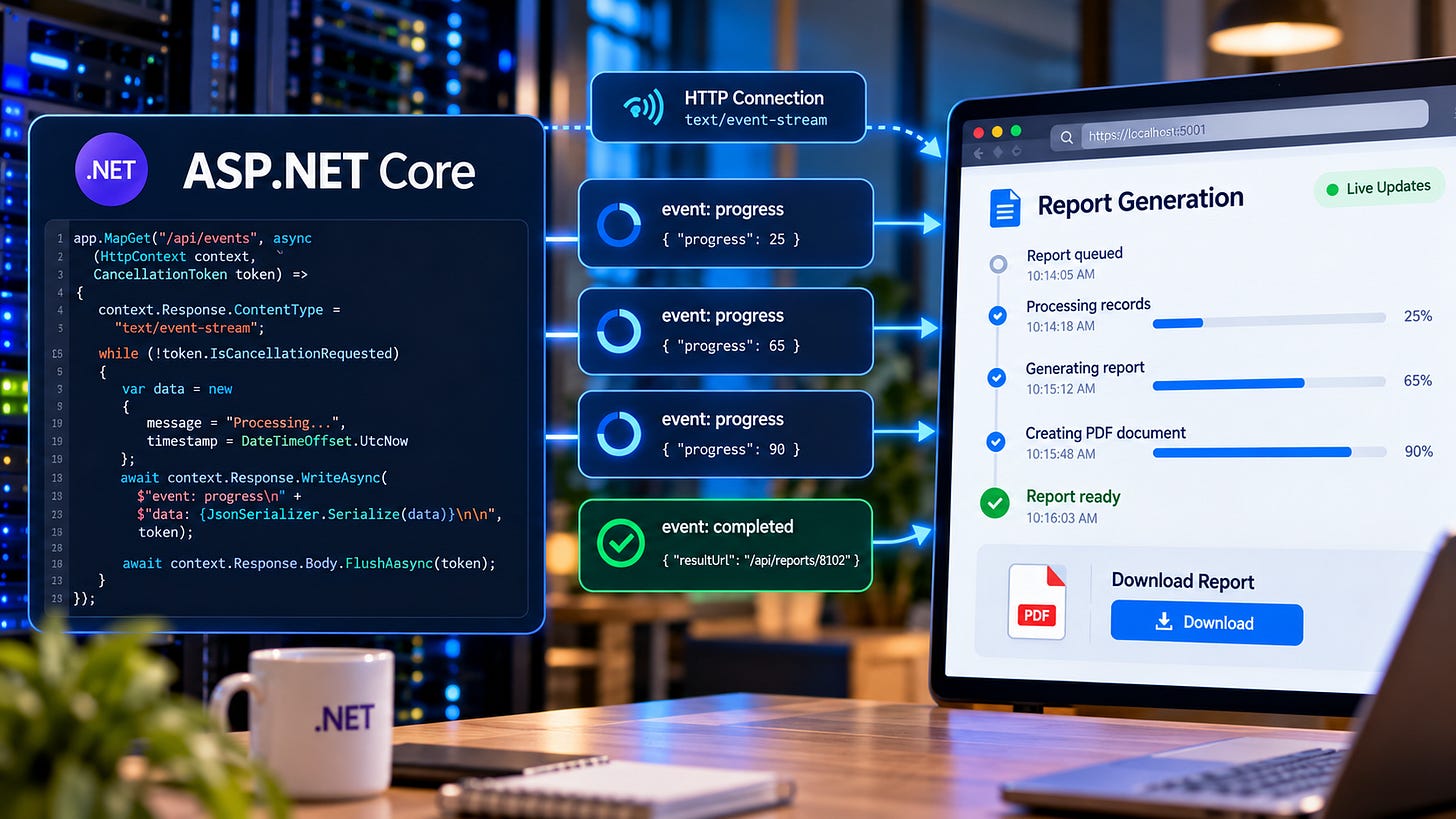 ASP.NET Core streams real-time progress updates to a browser dashboard using Server-Sent Events. ASP.NET Core streams real-time progress updates to a browser dashboard using Server-Sent Events.