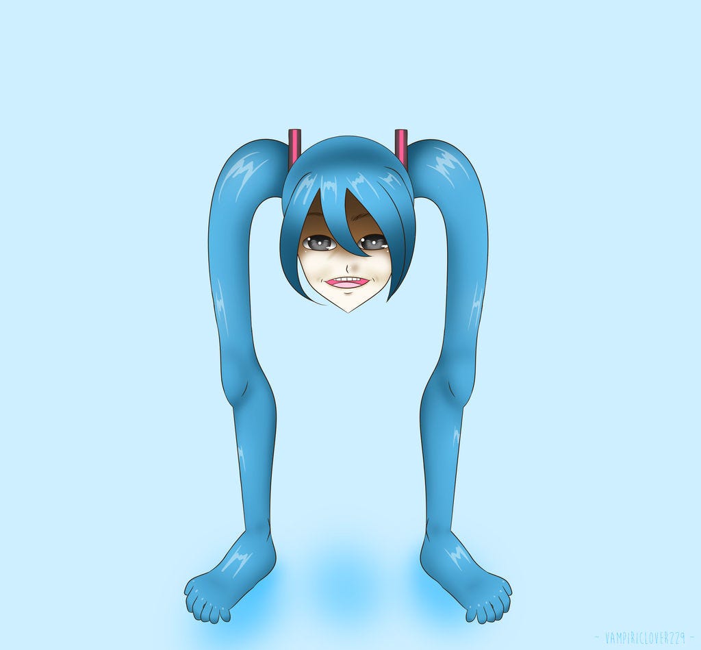 A disembodied head with two long, blue ponytails. The ponytails are shaped like legs and terminate in feet. A disembodied head with two long, blue ponytails. The ponytails are shaped like legs and terminate in feet.