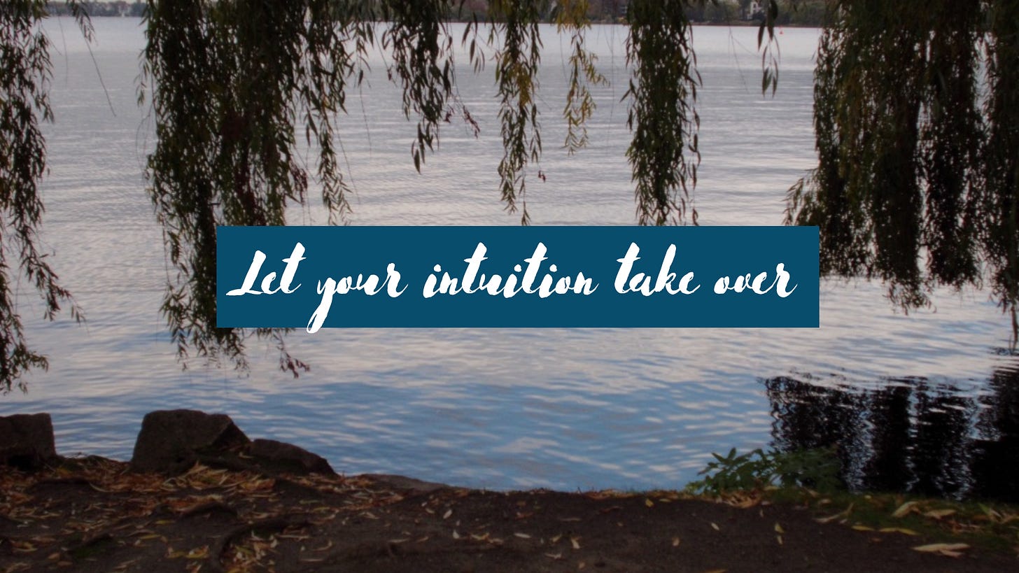 Picture of a lake in Hamburg, part of the ground is visible in the foreground and you’re looking through the branches of a willow onto the sunset lit water. On top, there is white cursive writing on a dark teal background: Let your intuition take over.