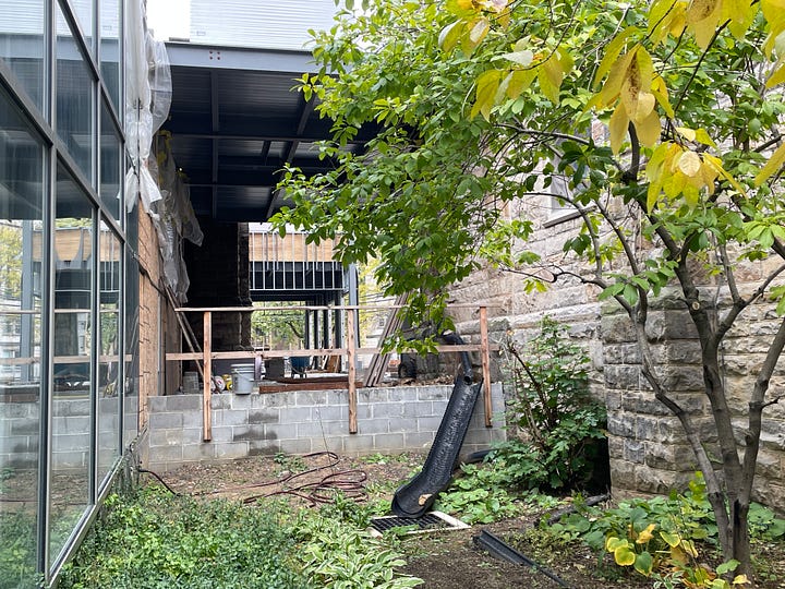 The Contemplation Garden at mid-construction and now with its new layout. Planting and more rocks still on their way! 