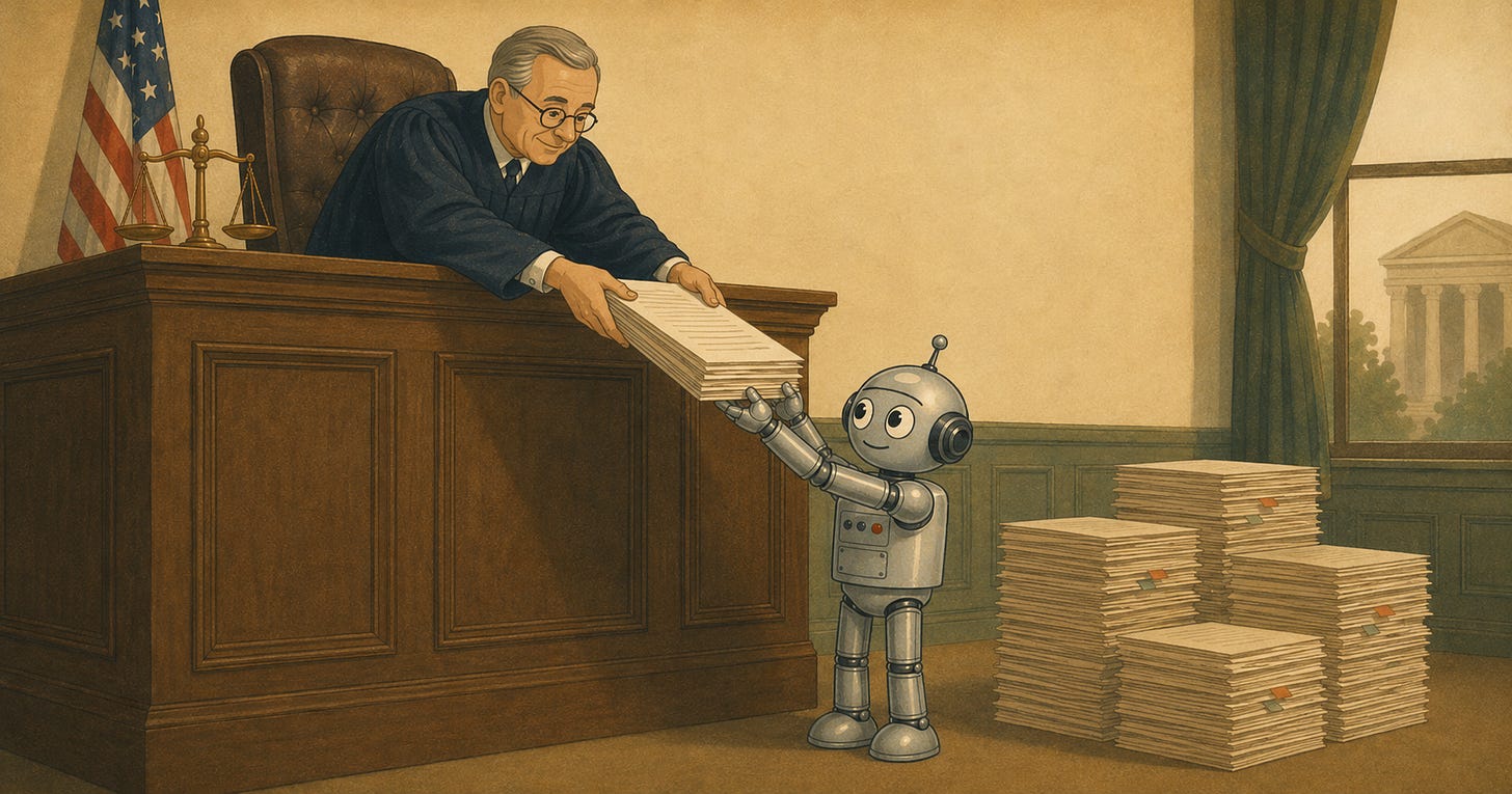 A mid-century style illustration of a judge in robes leaning over the bench to hand a stack of court rulings to a small   friendly robot, who reaches up to receive them. Tall stacks of additional rulings sit on the floor beside the robot, waiting to be read.