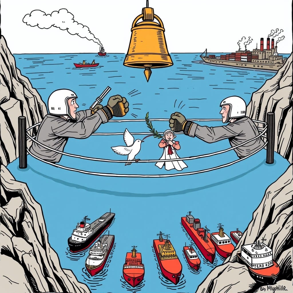 Single-panel editorial cartoon, bold ink linework, flat satirical color palette. A narrow blue strait is drawn as a giant boxing ring squeezed between two rocky coastlines. In the ring, two exaggerate