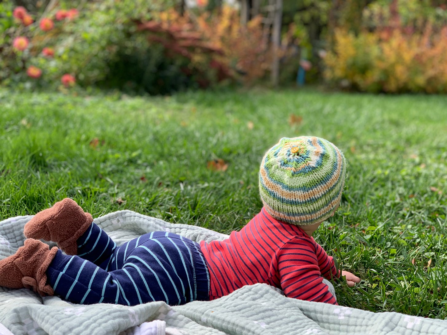 A baby in a winter hat lying on a blanket in the grass