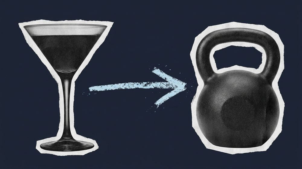 Editorial collage of a cocktail glass silhouette transforming into a kettlebell shape, torn paper texture Editorial collage of a cocktail glass silhouette transforming into a kettlebell shape, torn paper texture