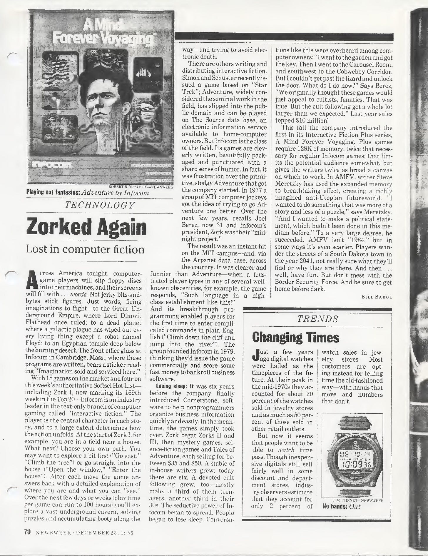Xeroxed page from the December 23rd 1985 issue of Newsweek. It features a review of the game by Bill Barol.