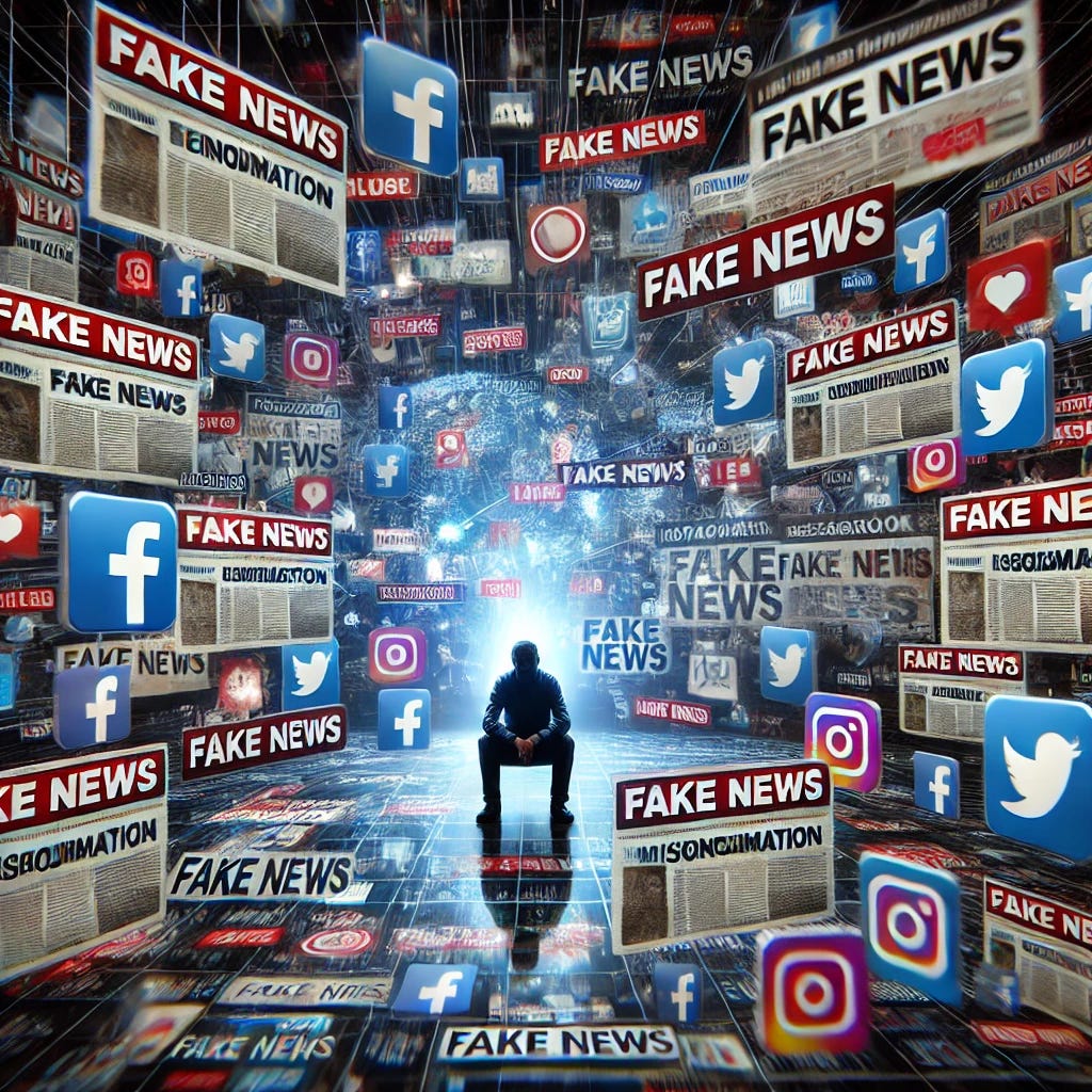 A person surrounded by multiple floating news articles and social media posts with exaggerated headlines, misinformation warnings, and fake news symbols. The social media platforms like Facebook, Instagram, and Twitter icons are prominently visible, creating a digital storm of confusing information. The person in the center looks overwhelmed and unsure, highlighting the difficulty in discerning truth from lies in a sea of misinformation. The environment is dark, with the screens and posts glowing brightly, representing the constant influx of false information.