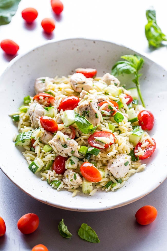 Chicken Orzo Salad in white bowl Chicken Orzo Salad in white bowl