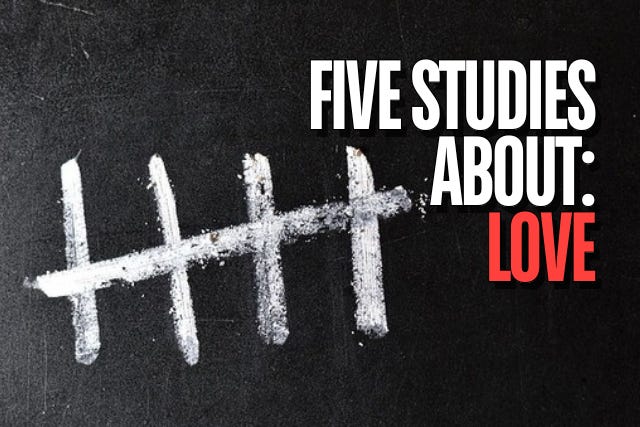 "Five Studies About: Love" appears in the foreground. The background is a blackboard with five thick tally marks written in chalk. "Five Studies About: Love" appears in the foreground. The background is a blackboard with five thick tally marks written in chalk.