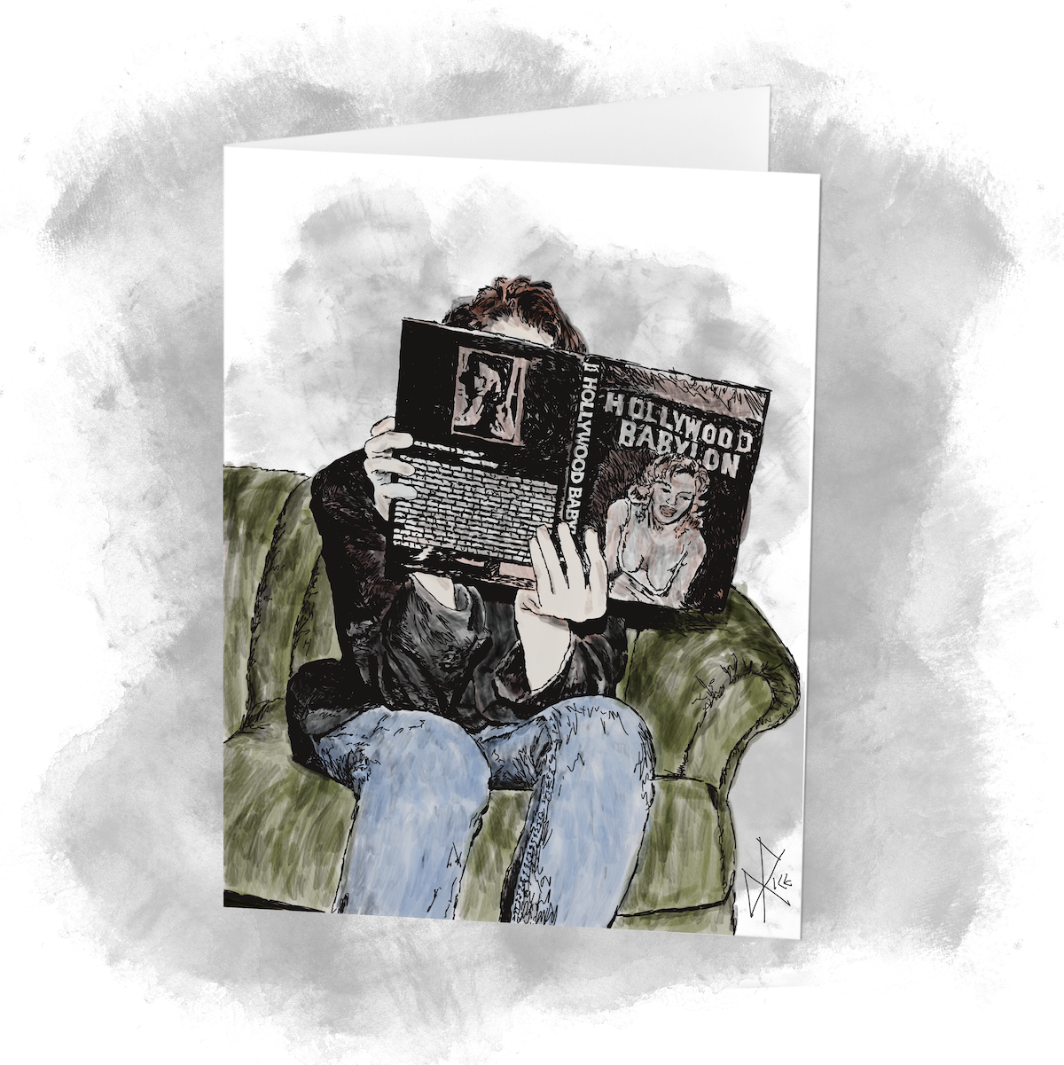 Sitting on the sofa, leafing through the book ‘Hollywood Babylon’. Sketch art by Don Rice. Sitting on the sofa, leafing through the book ‘Hollywood Babylon’. Sketch art by Don Rice.