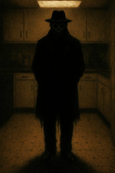 A noir-style kitchen scene with harsh overhead lighting. A man stands beneath the light, wearing a long black coat and a fedora, hands buried in his pockets. His figure is a deep silhouette, almost blending into the shadows. His shadow stretches unnaturally long across the tiled floor toward the viewer. His face is obscured in darkness, but faintly visible are round, owl-like eyes and the suggestion of a skull beneath the shadow of his hat. The atmosphere is tense and surreal, evoking dread and ambiguity. A noir-style kitchen scene with harsh overhead lighting. A man stands beneath the light, wearing a long black coat and a fedora, hands buried in his pockets. His figure is a deep silhouette, almost blending into the shadows. His shadow stretches unnaturally long across the tiled floor toward the viewer. His face is obscured in darkness, but faintly visible are round, owl-like eyes and the suggestion of a skull beneath the shadow of his hat. The atmosphere is tense and surreal, evoking dread and ambiguity.