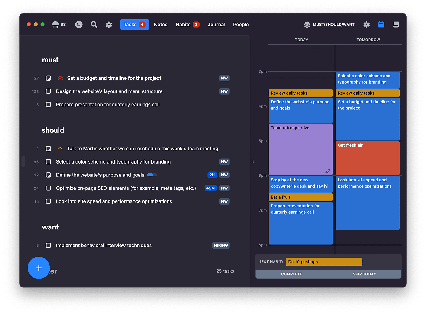 Tasks list with calendar