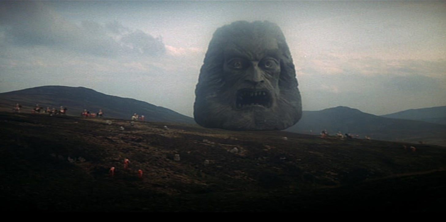 The god Zardoz, in reality a spaceship adapted to earth flight, brings weapons to the exterminators spouting a eugenicist’s charter: “The penis is evil! The penis shoots seeds, and makes new life to poison the earth with a plague of men, as once it was. But the gun shoots death and purifies the earth of the filth of brutals. Go forth, and kill!”