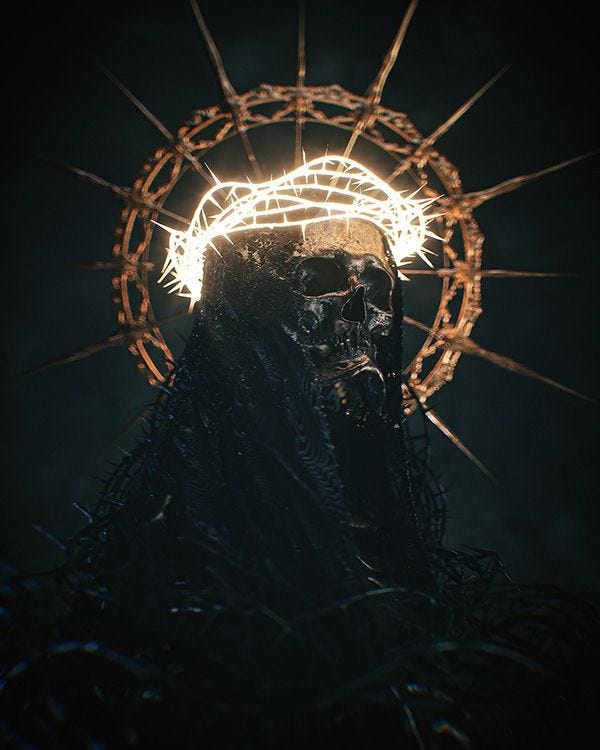 This may contain: the face of jesus is lit up with bright lights and surrounded by barbed wire, in front of a dark background