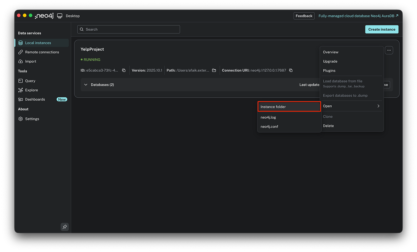 Neo4j Desktop interface showing the dropdown menu with the "Open Instance folder" option selected.