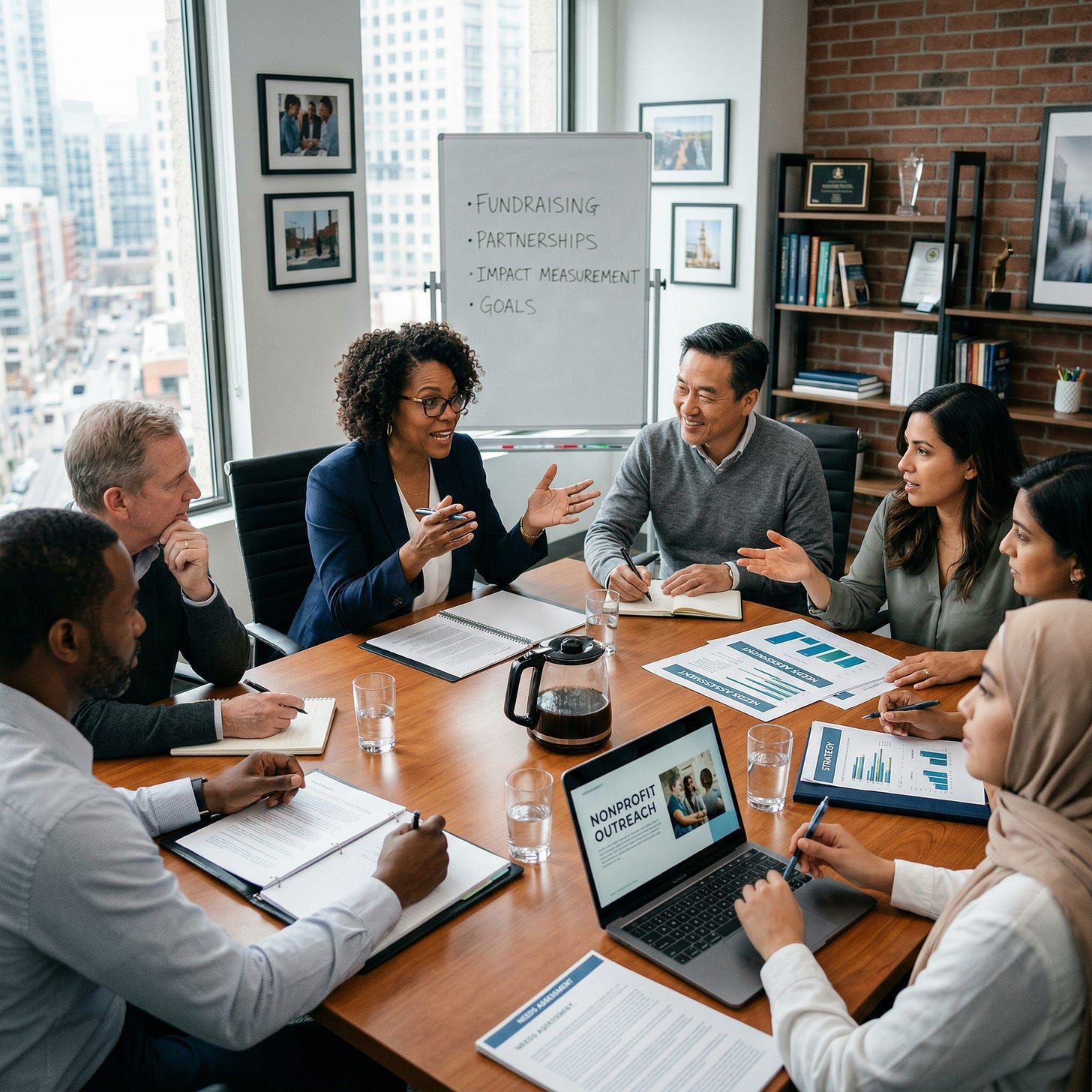 A diverse group of nonprofit leaders and board members gathered around a conference table in a modern office, engaged in a collaborative discussion with documents, laptops, and a whiteboard outlining fundraising, partnerships, impact measurement, and goals.