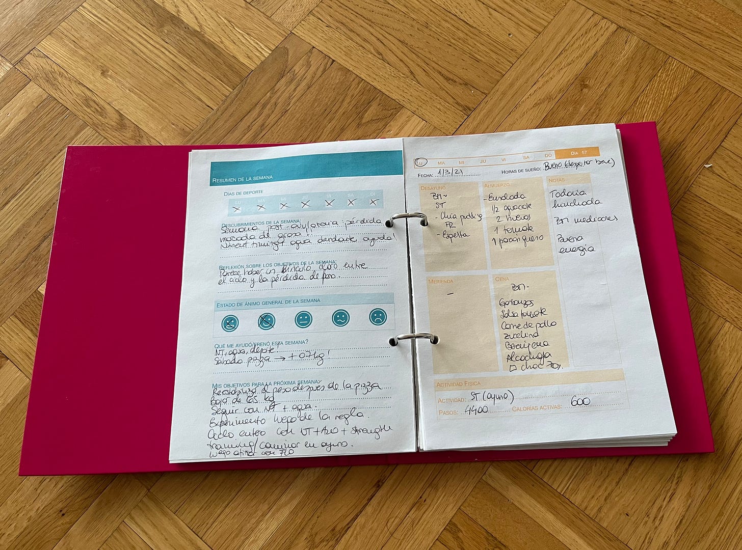 Open pink ring binder showing a handwritten weekly summary page in Spanish from January 2021, with sections for sport days marked with crosses, weekly discoveries, mood rating using smiley face emojis, what helped or hindered progress, and goals for the following week. The facing page shows a daily food and activity log.