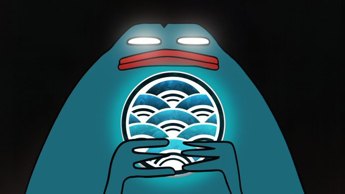A stylized blue frog character with glowing red eyes and a red mouth stands against a black background holding a circular glowing blue disk featuring layered wave patterns in its hands. A stylized blue frog character with glowing red eyes and a red mouth stands against a black background holding a circular glowing blue disk featuring layered wave patterns in its hands.