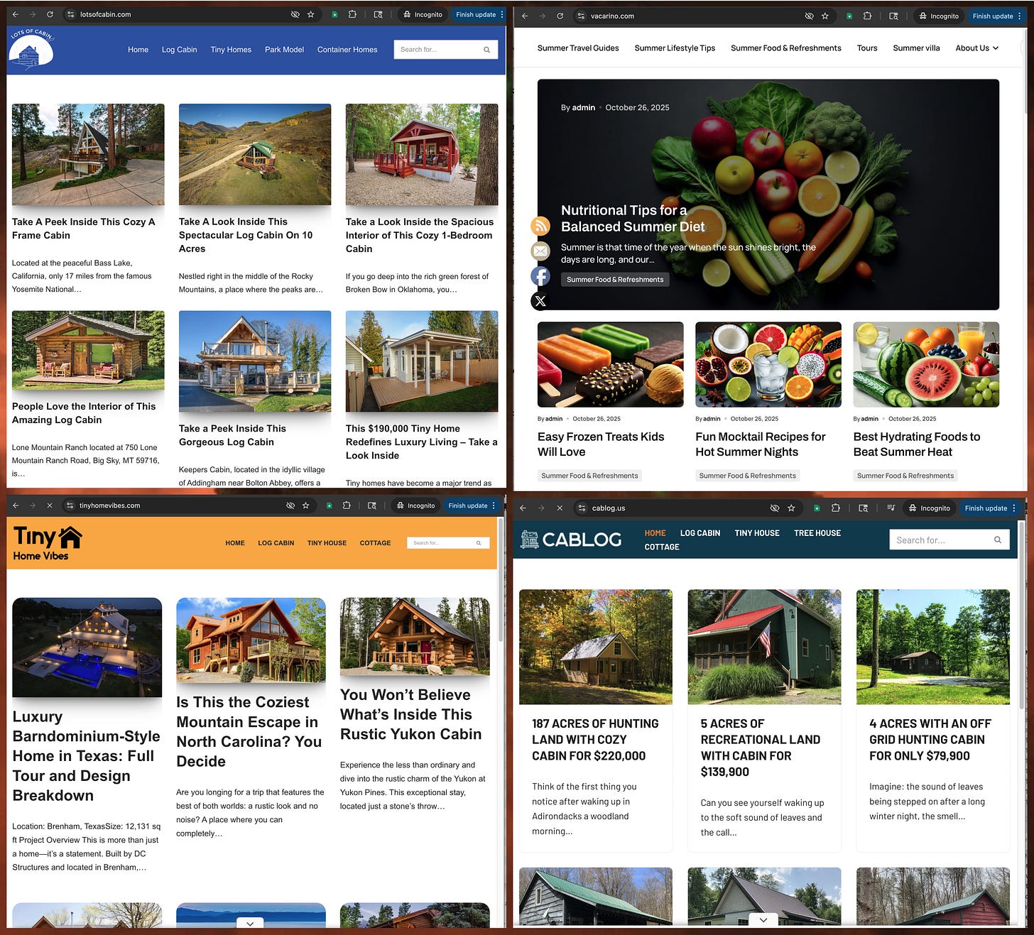 screenshots of websites affiliated with Vacarino LLC: lotsofcabin.com, cablog.us, tinyhomevibes.com, vacarino.com