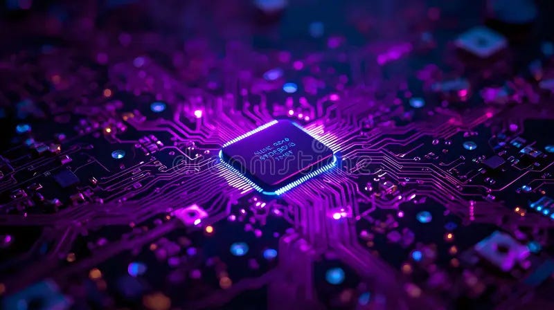 Glowing AI processor chip on a futuristic motherboard with neon purple circuitry and cyberpunk lighting.