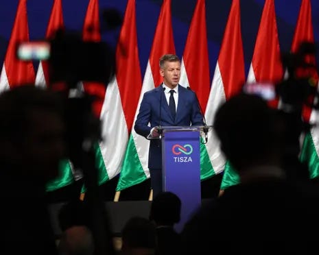 Péter Magyar, leader of the pro-European conservative Tisza party and Hungary's Prime Minister-elect, delivers a speech during a press conference at the HUNGEXPO Congress and Exhibition Center in Budapest, Hungary.