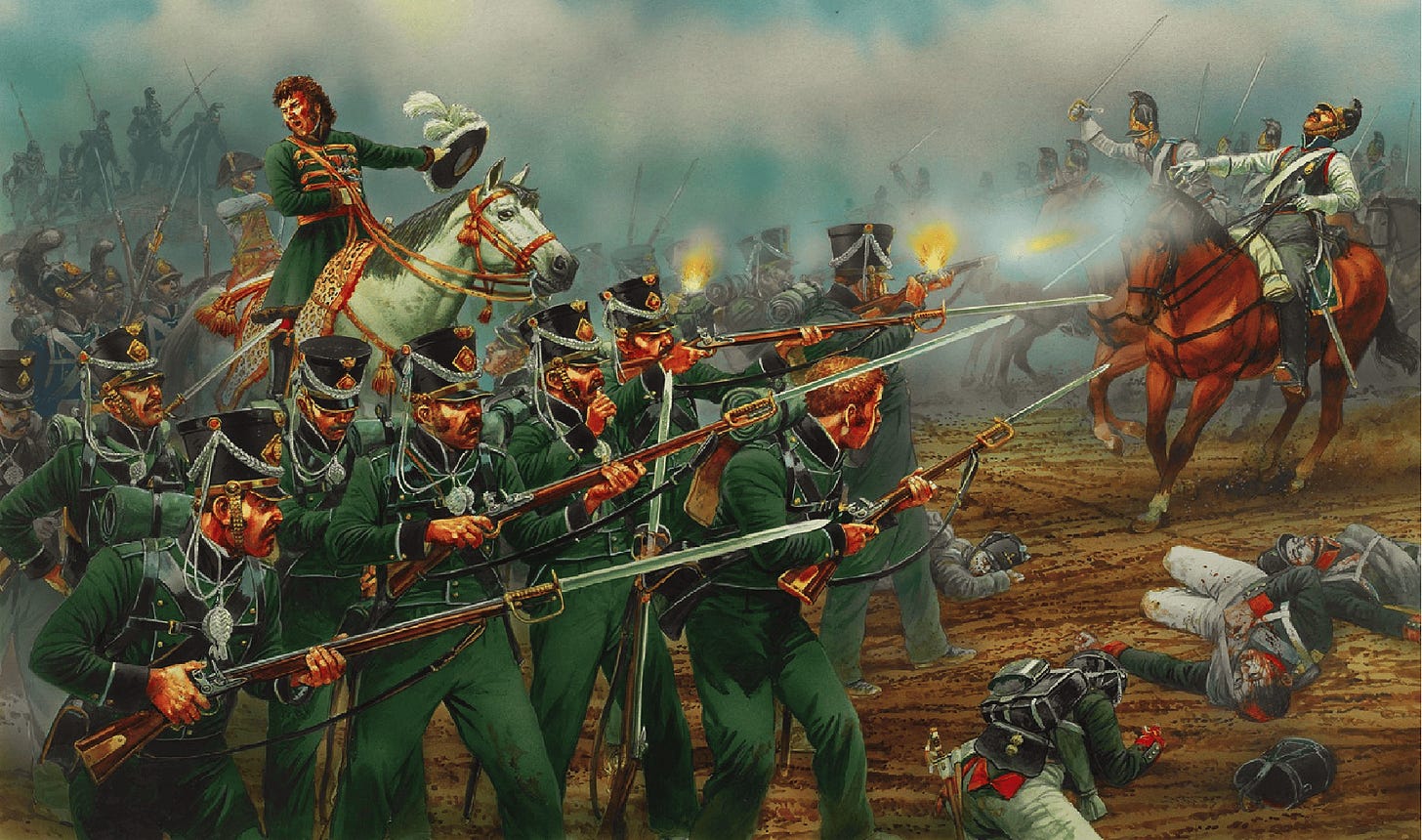 Field Marshal Murat leading the 25th Wurttemberg Division to fight off  Russian cuirassiers during the Battle of Borodino on September 7, 1812.  Painting by Peter Dennis. : r/BattlePaintings