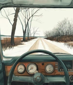 vintage editorial watercolor illustration of a van interior looking out at a midwestern road, dark river through trees on the left, flat landscape, stillness, muted neutrals, cream paper texture