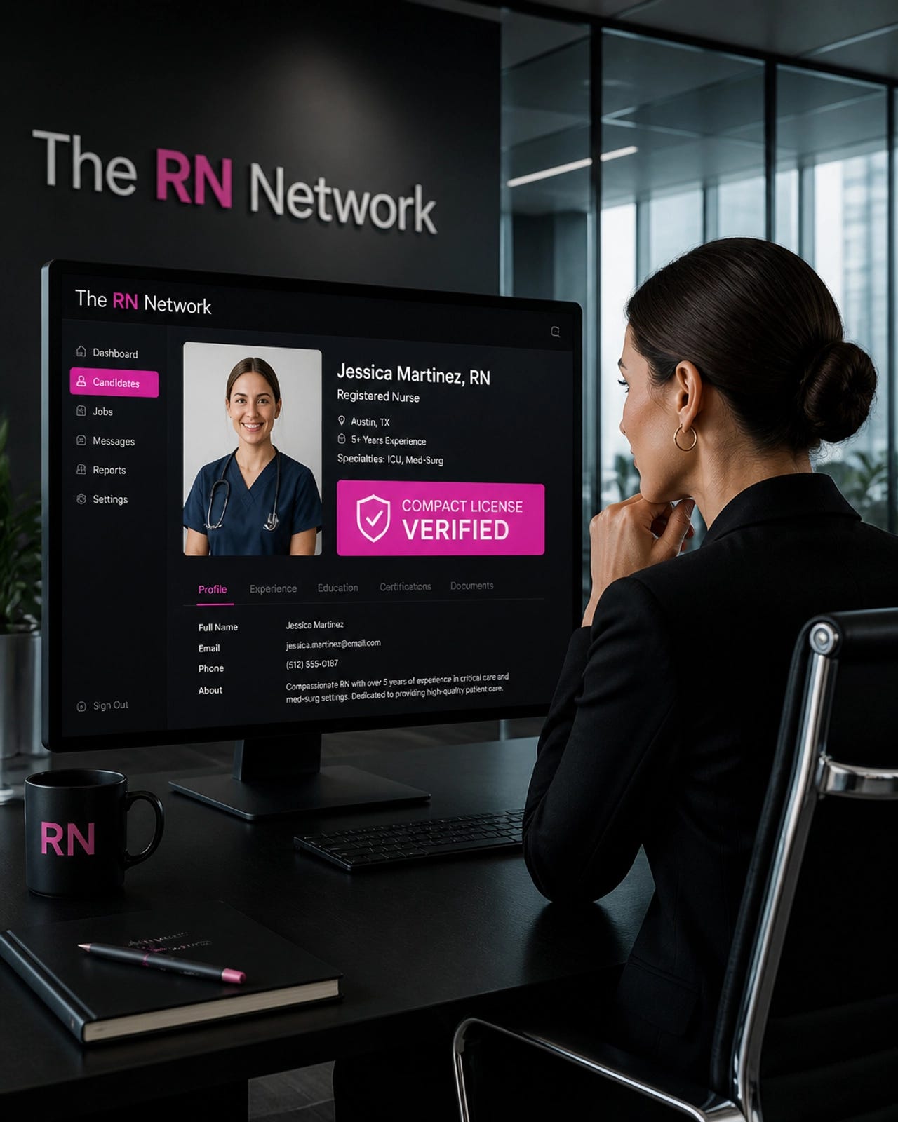 A recruiter in a modern office looking at a nurse profile with a Compact License Verified badge.