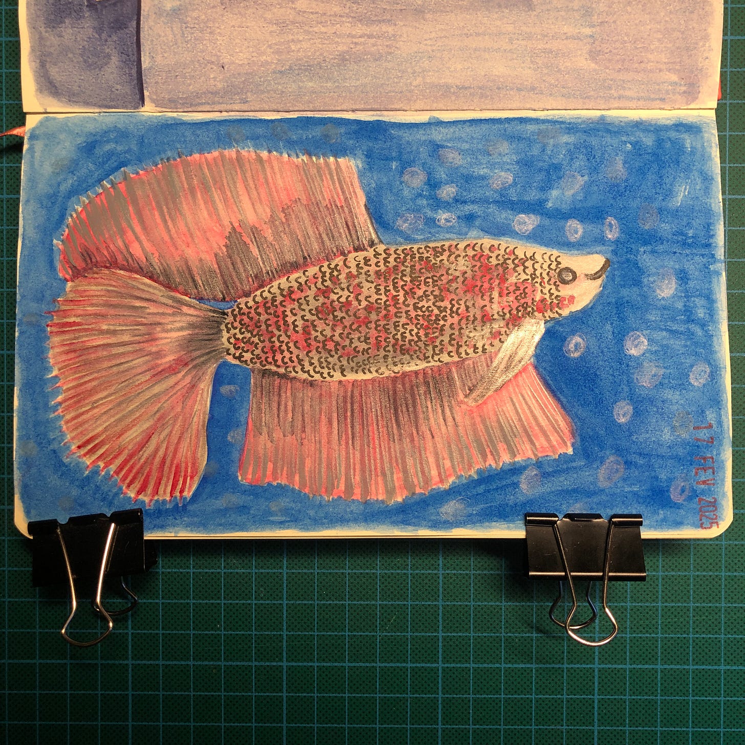 Photo de la page de mon sketchbook où l'on voit le poisson décrit ci-dessus.