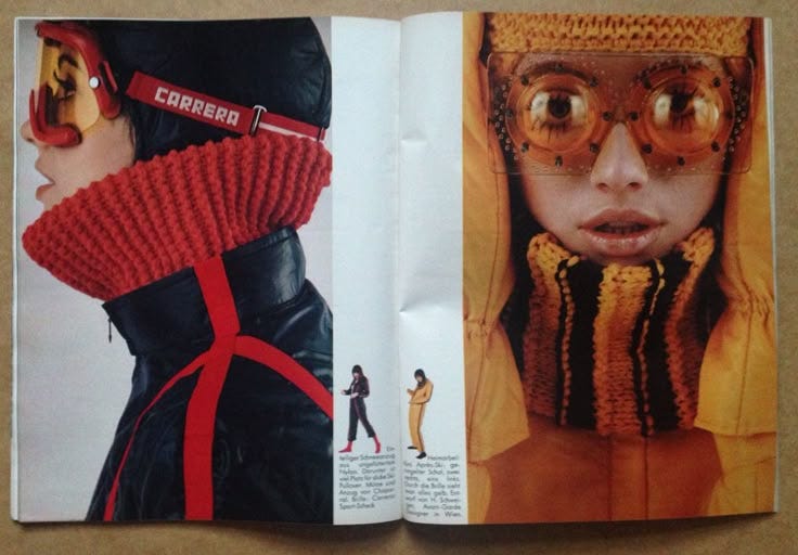 This may contain: an open book with pictures of people wearing knitted clothing