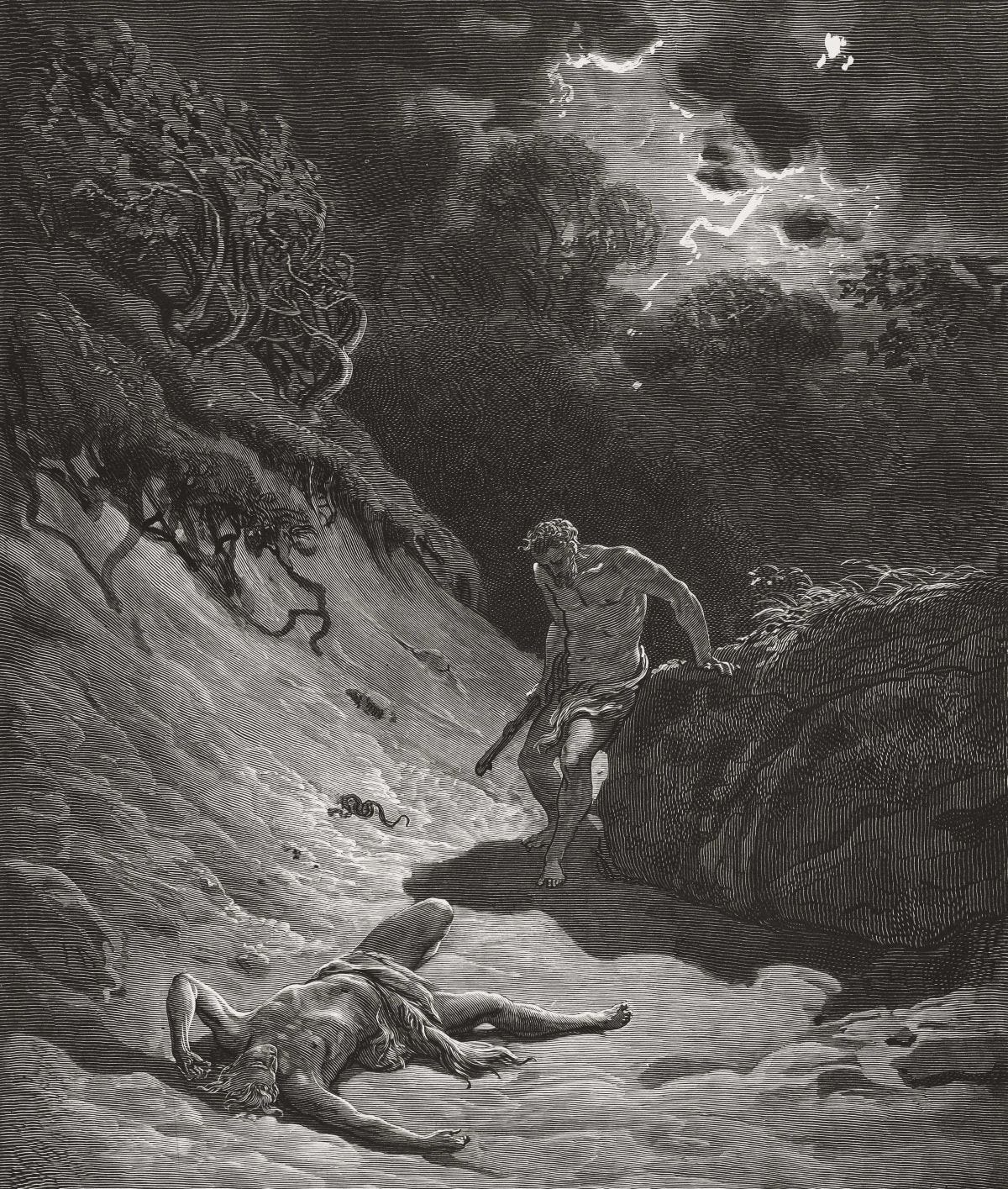A dramatic illustration of Cain standing over Abel, who lies on the ground, depicting the biblical story of fratricide.