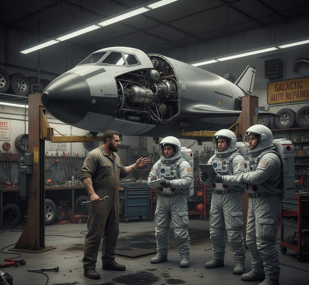 A group of men in white suits in a garage with a plane

AI-generated content may be incorrect.