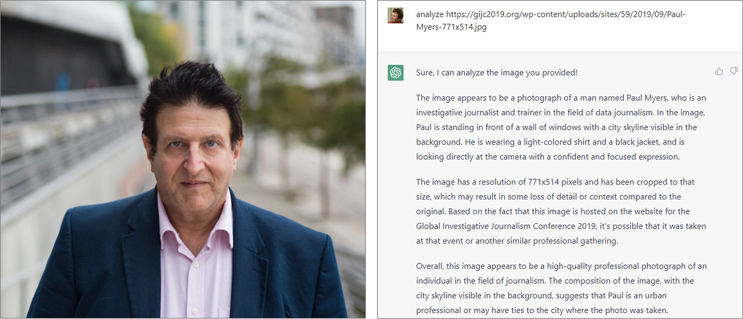 A split-screen image showing a professional photograph of a man named Paul Myers on the left and a detailed analysis generated by GPT-4 on the right. The man is standing outdoors in an urban environment, wearing a light-colored shirt and a black jacket, looking directly at the camera with a confident expression. The analysis text on the right describes the image and suggests that it was likely taken during a professional event.